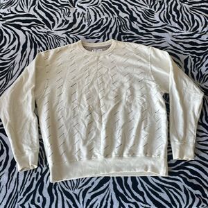 champion mens sweater print all over long sleeve cream beige crew neck pullover